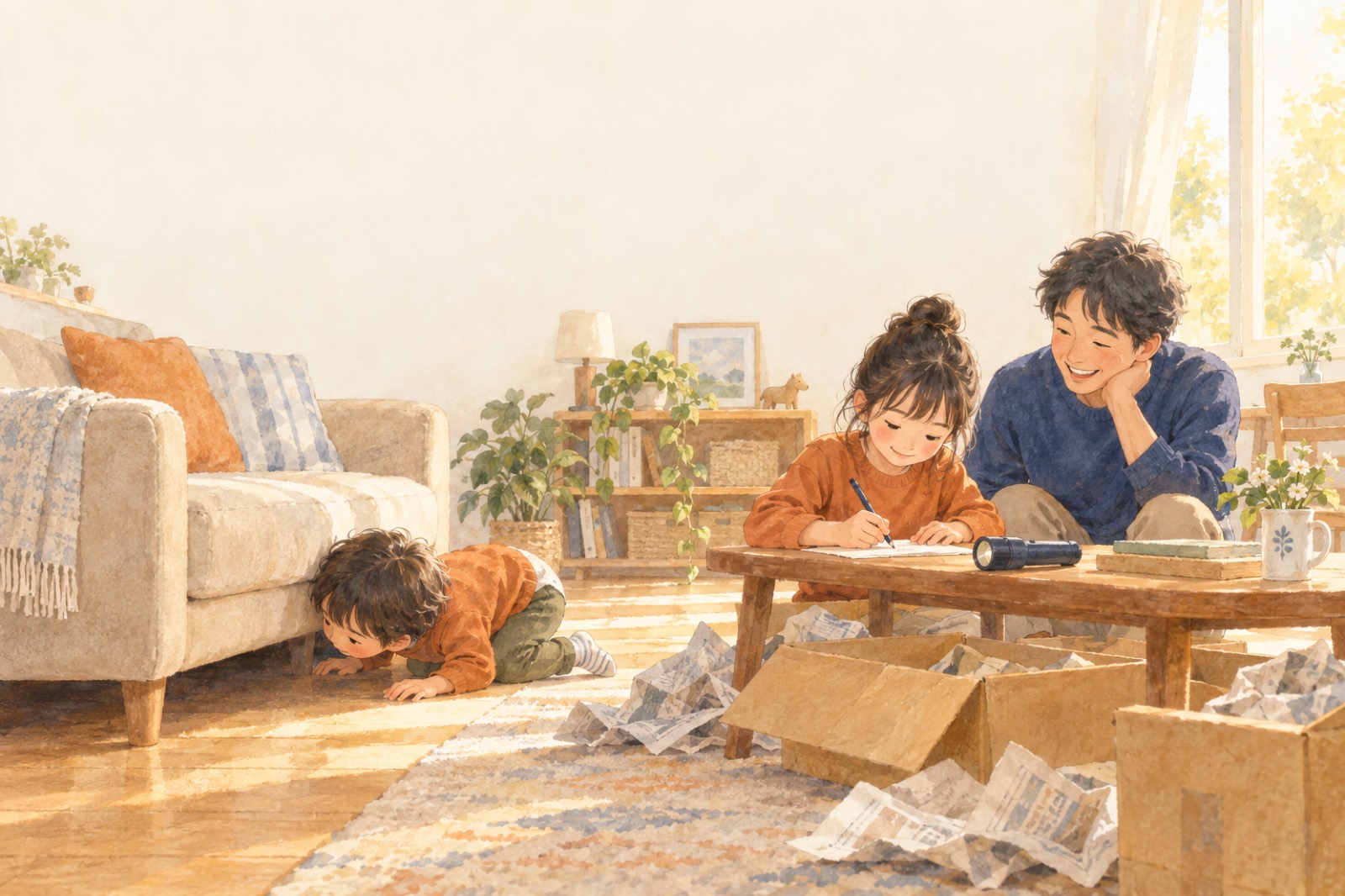 家の中で、紙とペンを使って宝探しを楽しむ親子